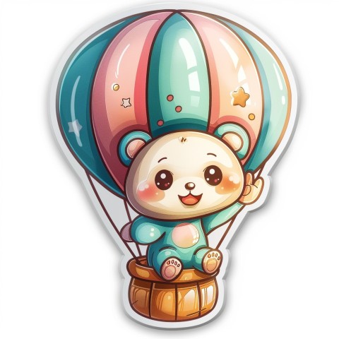 Cute Kawaii Stickers Whimsical Hot Air Balloon with Happy Bear on White Background (63)