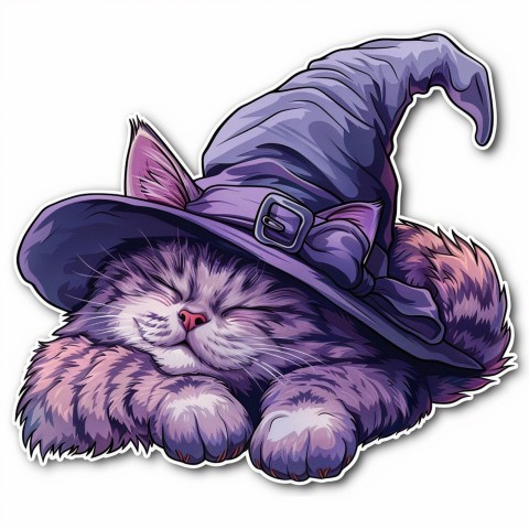 Cute Kawaii Stickers Witch's Hat with Snoozing Cat on White Background (12)