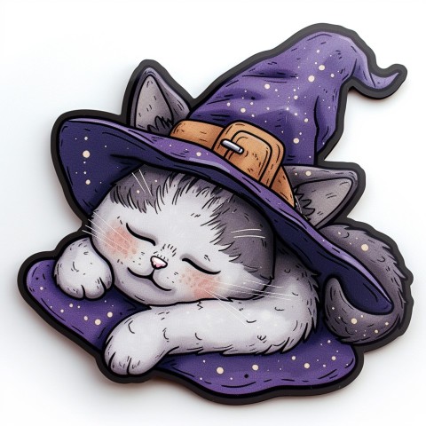 Cute Kawaii Stickers Witch's Hat with Snoozing Cat on White Background (10)