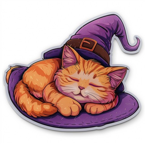 Cute Kawaii Stickers Witch's Hat with Snoozing Cat on White Background (13)