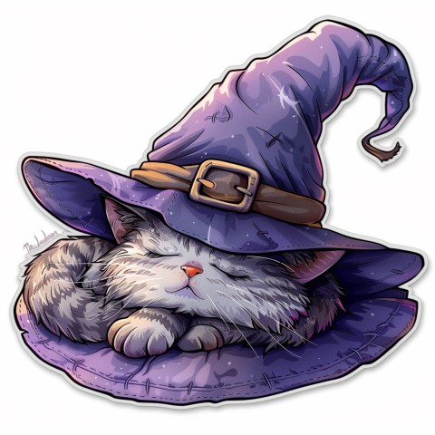 Cute Kawaii Stickers Witch's Hat with Snoozing Cat on White Background (26)