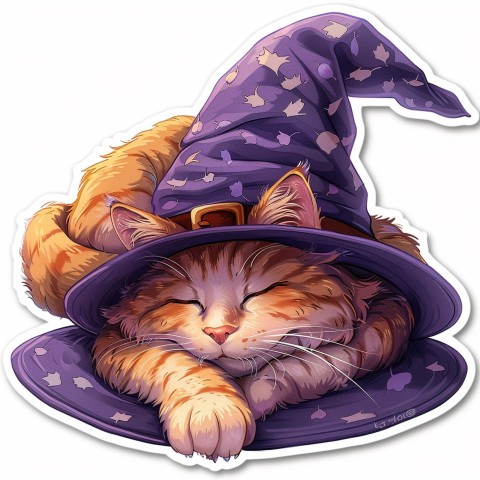 Cute Kawaii Stickers Witch's Hat with Snoozing Cat on White Background (21)