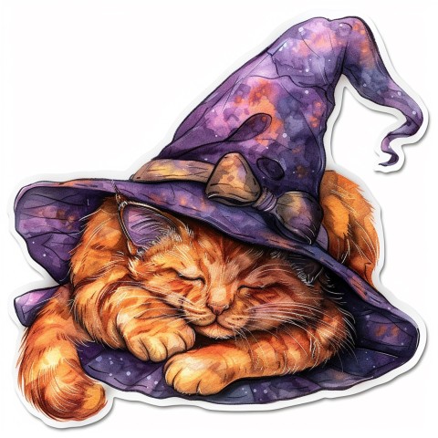 Cute Kawaii Stickers Witch's Hat with Snoozing Cat on White Background (35)