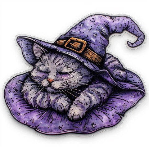 Cute Kawaii Stickers Witch's Hat with Snoozing Cat on White Background (32)