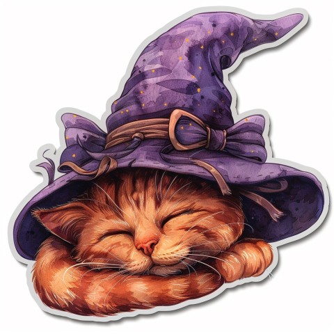 Cute Kawaii Stickers Witch's Hat with Snoozing Cat on White Background (42)