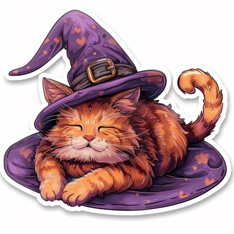 Cute Kawaii Stickers Witch's Hat with Snoozing Cat on White Background (49)