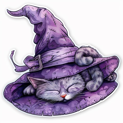 Cute Kawaii Stickers Witch's Hat with Snoozing Cat on White Background (57)