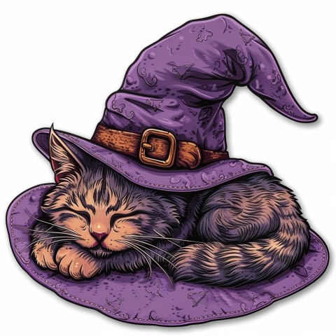 Cute Kawaii Stickers Witch's Hat with Snoozing Cat on White Background (41)