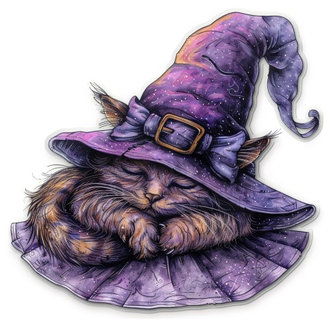 Cute Kawaii Stickers Witch's Hat with Snoozing Cat on White Background (59)