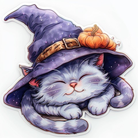 Cute Kawaii Stickers Witch's Hat with Snoozing Cat on White Background (45)