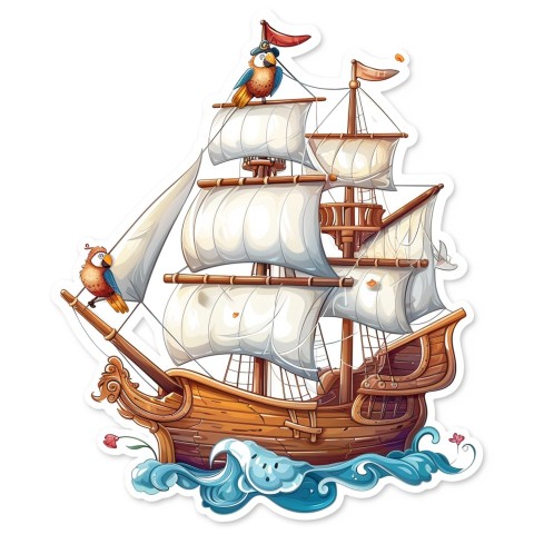 Cute Kawaii Stickers Adventurous Pirate Ship with Cheeky Parrot on White Background (1)