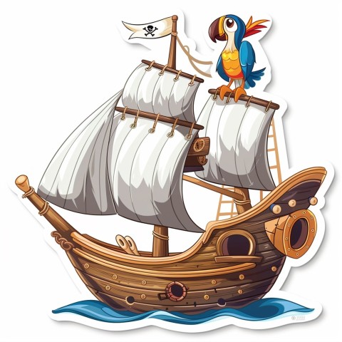 Cute Kawaii Stickers Adventurous Pirate Ship with Cheeky Parrot on White Background (16)