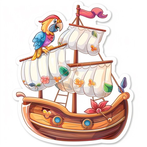 Cute Kawaii Stickers Adventurous Pirate Ship with Cheeky Parrot on White Background (39)