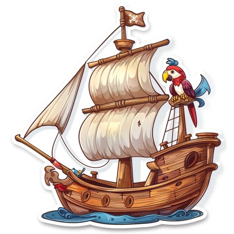 Cute Kawaii Stickers Adventurous Pirate Ship with Cheeky Parrot on White Background (33)