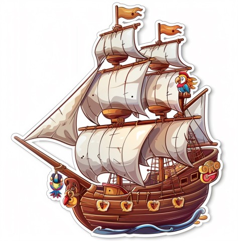 Cute Kawaii Stickers Adventurous Pirate Ship with Cheeky Parrot on White Background (40)