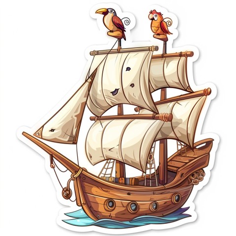 Cute Kawaii Stickers Adventurous Pirate Ship with Cheeky Parrot on White Background (45)