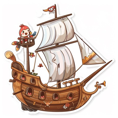 Cute Kawaii Stickers Adventurous Pirate Ship with Cheeky Parrot on White Background (42)