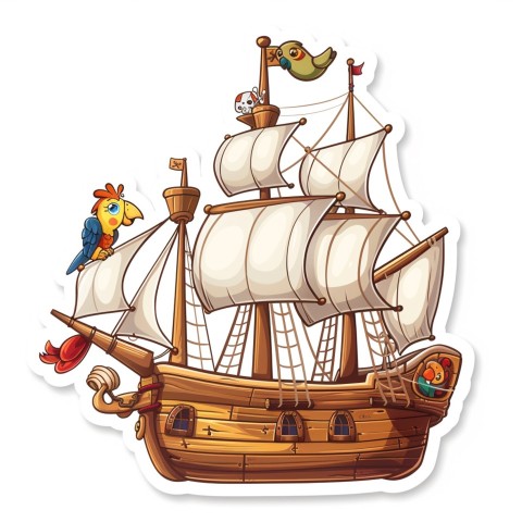 Cute Kawaii Stickers Adventurous Pirate Ship with Cheeky Parrot on White Background (79)