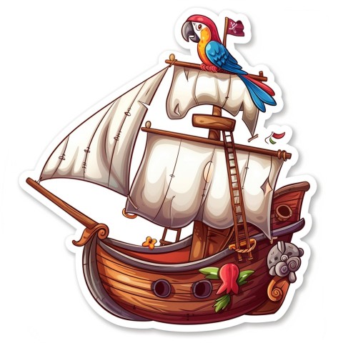 Cute Kawaii Stickers Adventurous Pirate Ship with Cheeky Parrot on White Background (63)