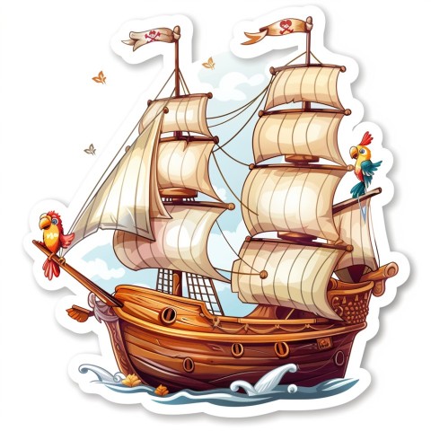 Cute Kawaii Stickers Adventurous Pirate Ship with Cheeky Parrot on White Background (61)