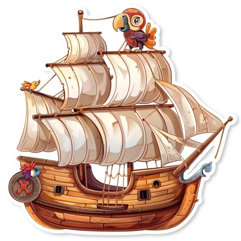 Cute Kawaii Stickers Adventurous Pirate Ship with Cheeky Parrot on White Background (66)