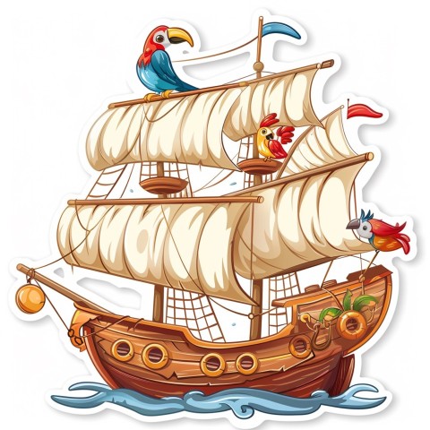 Cute Kawaii Stickers Adventurous Pirate Ship with Cheeky Parrot on White Background (69)