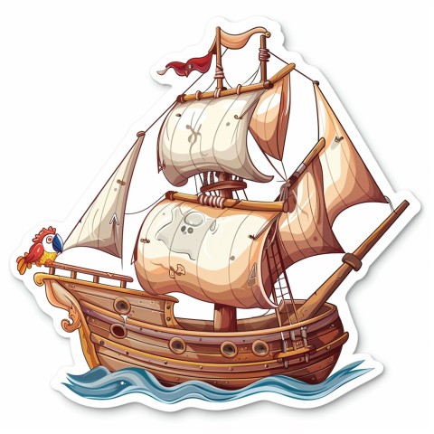 Cute Kawaii Stickers Adventurous Pirate Ship with Cheeky Parrot on White Background (95)