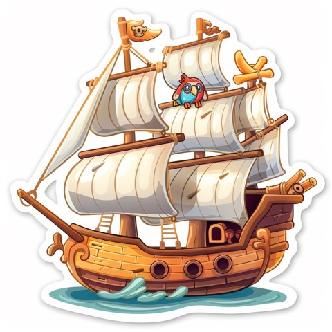 Cute Kawaii Stickers Adventurous Pirate Ship with Cheeky Parrot on White Background (84)