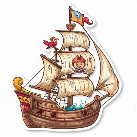 Cute Kawaii Stickers Adventurous Pirate Ship with Cheeky Parrot on White Background (86)