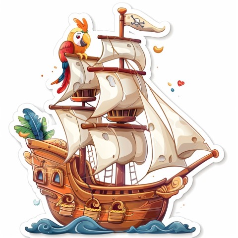 Cute Kawaii Stickers Adventurous Pirate Ship with Cheeky Parrot on White Background (82)