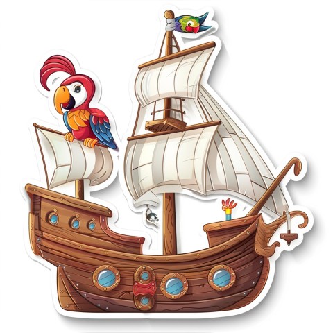 Cute Kawaii Stickers Adventurous Pirate Ship with Cheeky Parrot on White Background (99)