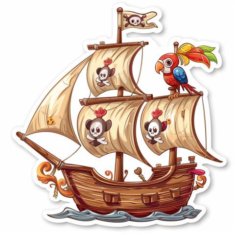 Cute Kawaii Stickers Adventurous Pirate Ship with Cheeky Parrot on White Background (88)