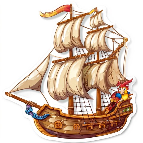 Cute Kawaii Stickers Adventurous Pirate Ship with Cheeky Parrot on White Background (93)