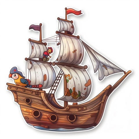 Cute Kawaii Stickers Adventurous Pirate Ship with Cheeky Parrot on White Background (92)