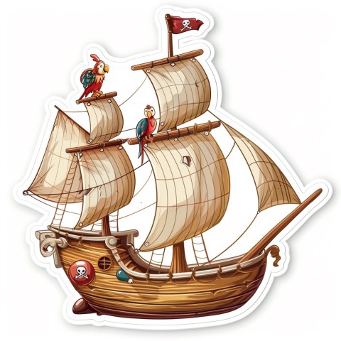 Cute Kawaii Stickers Adventurous Pirate Ship with Cheeky Parrot on White Background (115)