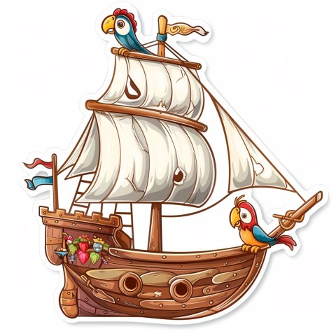 Cute Kawaii Stickers Adventurous Pirate Ship with Cheeky Parrot on White Background (108)