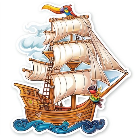 Cute Kawaii Stickers Adventurous Pirate Ship with Cheeky Parrot on White Background (112)