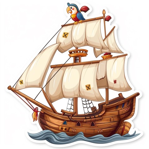 Cute Kawaii Stickers Adventurous Pirate Ship with Cheeky Parrot on White Background (116)