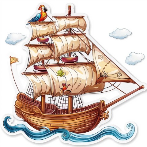 Cute Kawaii Stickers Adventurous Pirate Ship with Cheeky Parrot on White Background (113)