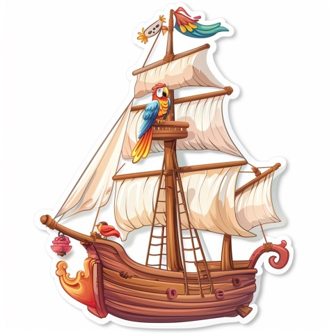 Cute Kawaii Stickers Adventurous Pirate Ship with Cheeky Parrot on White Background (125)