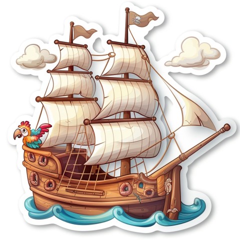 Cute Kawaii Stickers Adventurous Pirate Ship with Cheeky Parrot on White Background (131)