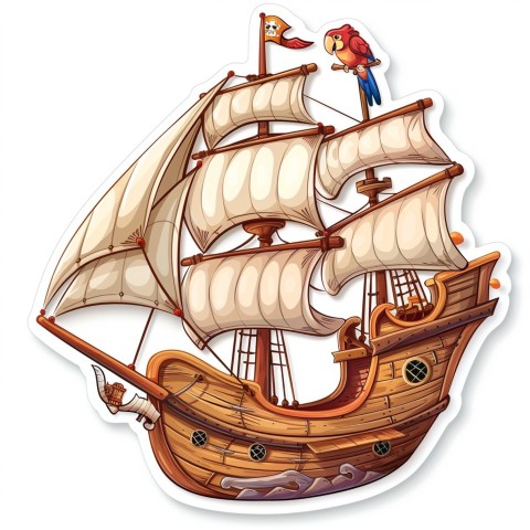 Cute Kawaii Stickers Adventurous Pirate Ship with Cheeky Parrot on White Background (132)