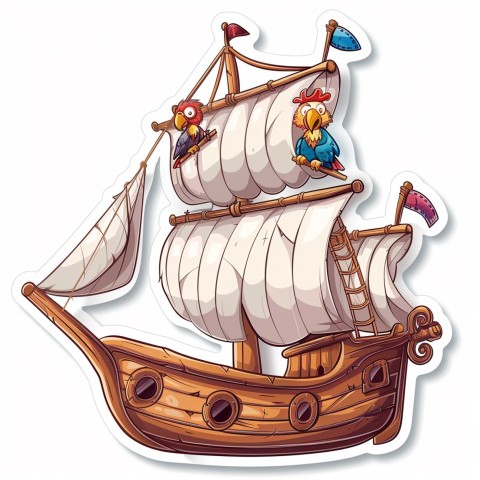 Cute Kawaii Stickers Adventurous Pirate Ship with Cheeky Parrot on White Background (135)