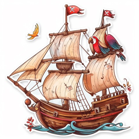 Cute Kawaii Stickers Adventurous Pirate Ship with Cheeky Parrot on White Background (139)