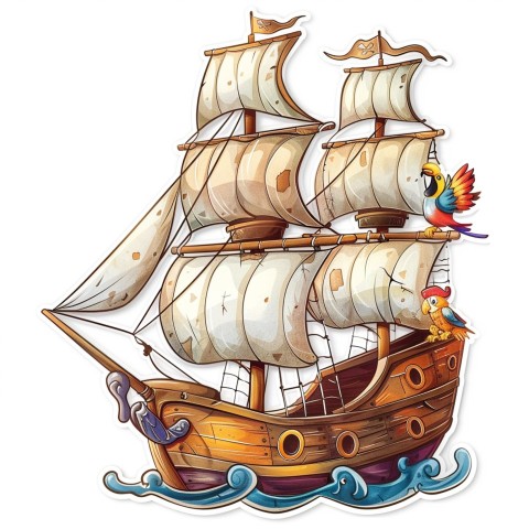 Cute Kawaii Stickers Adventurous Pirate Ship with Cheeky Parrot on White Background (130)