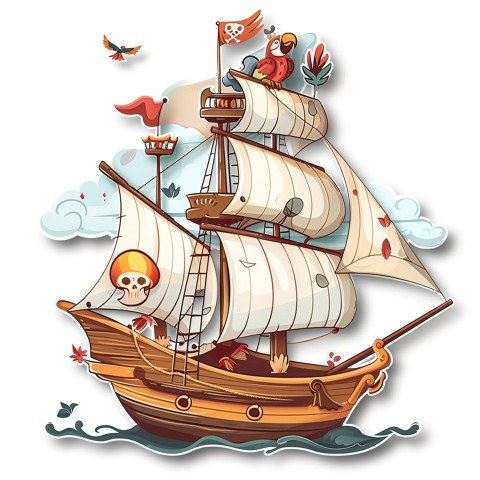 Cute Kawaii Stickers Adventurous Pirate Ship with Cheeky Parrot on White Background (141)