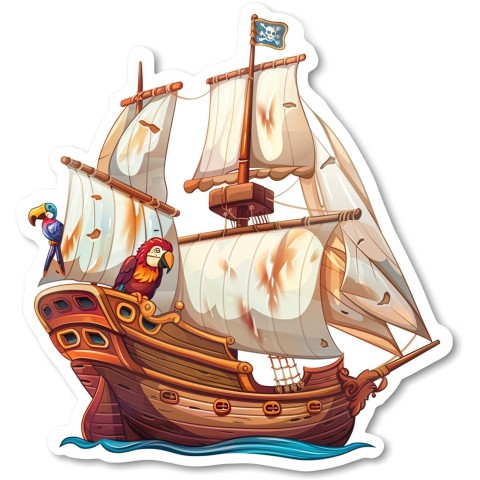 Cute Kawaii Stickers Adventurous Pirate Ship with Cheeky Parrot on White Background (145)