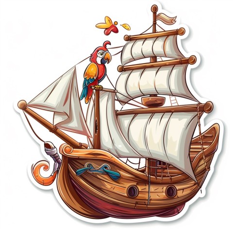 Cute Kawaii Stickers Adventurous Pirate Ship with Cheeky Parrot on White Background (148)