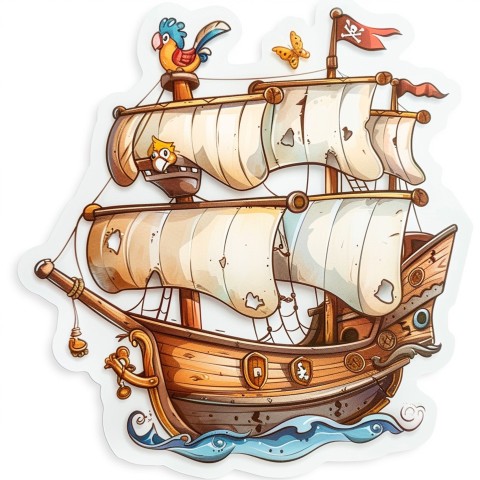 Cute Kawaii Stickers Adventurous Pirate Ship with Cheeky Parrot on White Background (156)