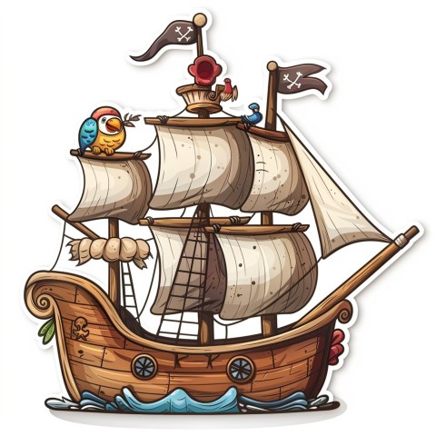 Cute Kawaii Stickers Adventurous Pirate Ship with Cheeky Parrot on White Background (154)